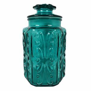 VTG LE Smith Decorative Teal Blue Embossed Glass Jar & Lid Retro Boho 9" x 5.25"